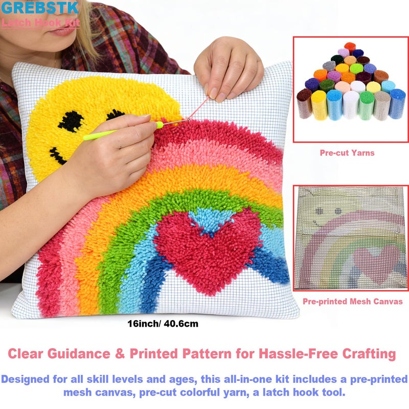 GREBSTK Latch Hook Kit DIY Throw Pillow Cover Sofa Cushion Cover Sun & Rainbow Pattern Paint Cross Stitch 16X16 inch - Image 5